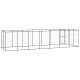 Ein großes, rechteckiges Außengehege für Haustiere aus schwarzem Metallgitter, mit mehreren Paneelen und einer Tür auf einer Seite.