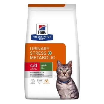 Hill's Prescription Diet Urinary Stress + Metabolic Katzenfutterbeutel mit einer grauen getigerten Katze auf der Vorderseite, beschriftet mit "Vom Tierarzt empfohlen."