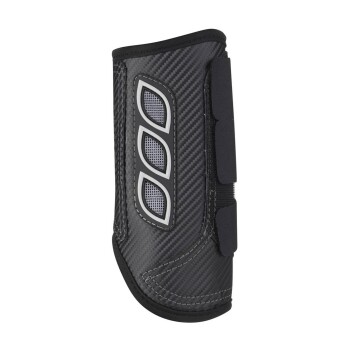 Schwarze Haustierbeinschiene mit Kohlefasertextur, mit Belüftungsöffnungen und verstellbaren Riemen für einen sicheren Sitz.