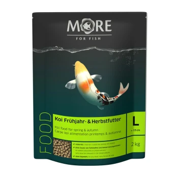 Koi-Futterverpackung mit einer bunten Koi-Fisch-Illustration, beschriftet 'Koi Frühjahr- & Herbstfutter', geeignet für Fische über 15 cm, 2 kg.
