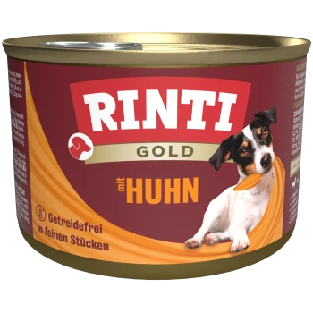 Rinti Gold Hundefutterdose mit einem verspielten Hund und einem Stück Huhn, beschriftet mit "mit Huhn", getreidefrei und in feinen Stücken.