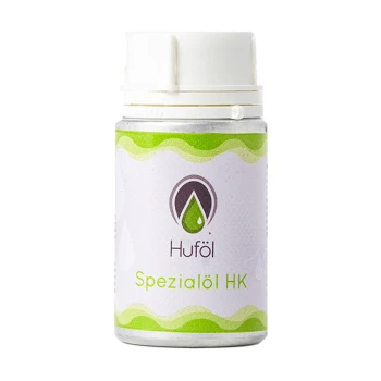 Flasche Huföl Spezialöl HK, mit einem weißen und grünen Etikett mit einem Tropfen-Logo, entworfen für die Pflege von Haustieren.