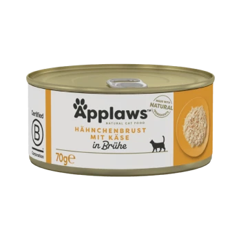 Applaws natürliche Katzenfutterdose mit Hähnchenbrust und Käse in Brühe, 70g, mit einem Pfotenabdruck-Logo und einer Silhouette einer Katze.