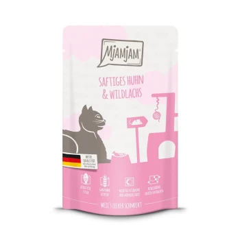 Nassfutter Katze Adult, Quetschie, Huhn und Wildlachs 12x125 g Mjamjam Katzenfutterbeutel mit "Saftiges Huhn & Wildlachs" auf einem rosa Hintergrund, einer Katzensilhouette und Symbolen für hochwertige Zutaten.