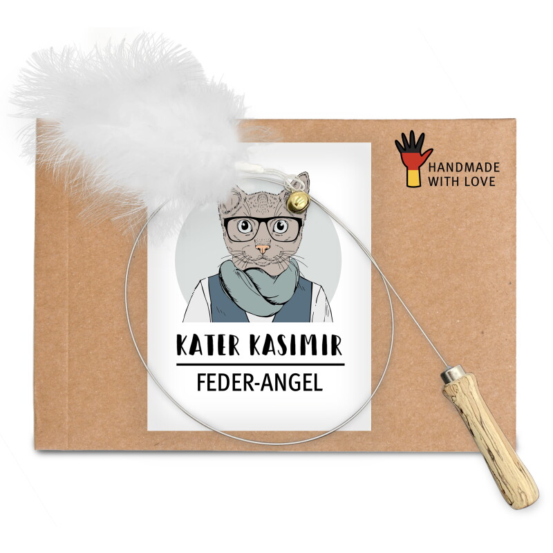Kater Kasimir Katzenangel mit handgemachtem Anhänger aus Naturfedern