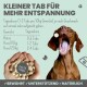 Ein brauner Hund mit offenem Mund wird neben einer Hand gezeigt, die Tabletten hält. Der Text beschreibt die Dosierungsanweisungen für Katzen und Hunde.