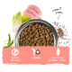 Schüssel mit Trockenfutter für Hunde umgeben von Huhn, Salat, Erbsen und Leinsamen mit deutschem Text über Zutaten und Vorteile.