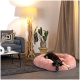 Ein schwarz-brauner Hund, der auf einem flauschigen rosa Haustierbett in einem gemütlichen Wohnzimmer mit einem grauen Sofa, einer dekorativen Lampe und Topfpflanzen ruht.