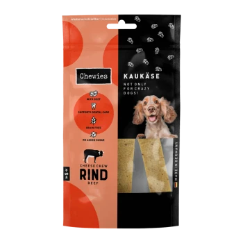 Verpackung des Chewies Käse-Hundesnacks zeigt einen lächelnden Hund mit Highlights für Rindfleisch, Zahnpflege, getreidefrei und ohne Zuckerzusatz.