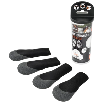 Hundepfoten-Schutzsocken in Schwarz und Grau mit strukturierten Sohlen, gezeigt mit zylindrischer Verpackung mit der Aufschrift „PFOTENSCHUTZ“.