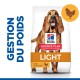 Sac de nourriture pour chiens Hill's Science Plan Light présentant un chien marron heureux, étiqueté "GESTION DU POIDS" et "avec du poulet."