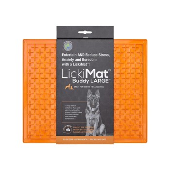 LickiMat Buddy LARGE in Orange, entworfen für mittelgroße bis große Hunde, mit Text, der Stressabbau und geeignete Leckereien hervorhebt.