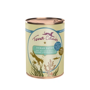 Ocean Saver Ente mit roter Bete, Sanddorn & Meeresschätzen 6x400g Eine Dose Terra Canis Tiernahrung mit der Aufschrift "Ocean Saver", die Ente mit Rote Beete, Sanddorn und marinen Schätzen zeigt.