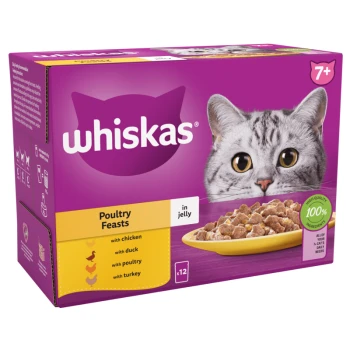 Whiskas Poultry Feasts cat food pack, featuring a gray cat's face, with flavors including chicken, duck, poultry, and turkey in jelly.