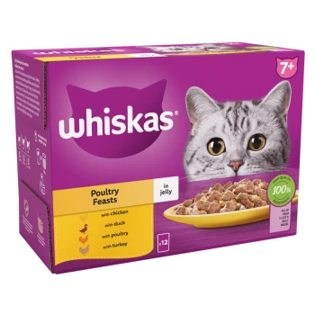 Whiskas Poultry Feasts cat food pack, featuring a gray cat's face, with flavors including chicken, duck, poultry, and turkey in jelly.