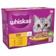 Whiskas Poultry Feasts cat food pack, featuring a gray cat's face, with flavors including chicken, duck, poultry, and turkey in jelly.