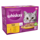 Whiskas Poultry Feasts cat food pack, featuring a gray cat's face, with flavors including chicken, duck, poultry, and turkey in jelly.