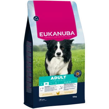 Eukanuba-Futterbeutel für erwachsene Hunde mit Foto eines Border Collies, pinker Kopfzeile 'EUKANUBA', türkisfarbenem 'ADULT'-Bereich, Kennzeichnung '10-25 kg', 15 kg.