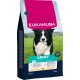 Eukanuba Adult Hundefutterbeutel für Hunde von 10-25 kg, mit einem schwarz-weißen Border Collie und dem Text „Unterstützt ein langes und gesundes Leben“.