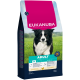 Opakowanie karmy dla dorosłych psów Eukanuba ze zdjęciem border collie, różowym nagłówkiem EUKANUBA, turkusowym panelem ADULT, oznaczeniem 10–25 kg, 15 kg.