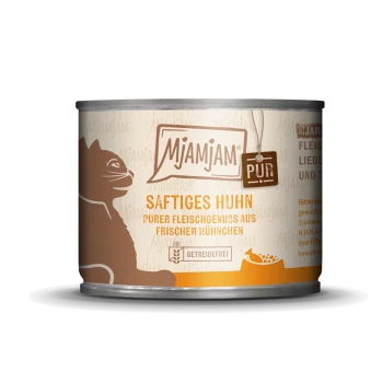 Mjamjam Katzenfutterdose mit einer Silhouette einer Katze, beschriftet 'Saftiges Huhn' und 'Purer Fleischgenuss aus frischem Hühnchen.'