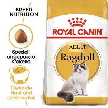 Ragdoll Adult 2 kg Royal Canin Adult Ragdoll Katzenfutterbeutel mit einem Bild einer Ragdoll-Katze, das die rassespezifische Ernährung für gesunde Haut und Fell betont.