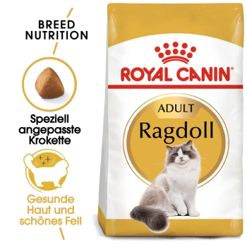 Royal Canin Adult Ragdoll Katzenfutterbeutel mit einem Bild einer Ragdoll-Katze, das die rassespezifische Ernährung für gesunde Haut und Fell betont.