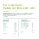 Bio-Hundfutter-Pâté mit Rind und Huhn, aufgelistet mit Zutaten, Nährwerten und hinzugefügten Vitaminen und Mineralstoffen.