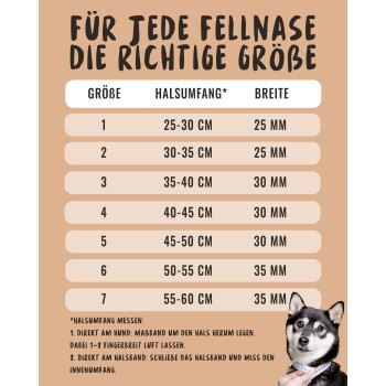 Größentabelle für Haustierhalsbänder auf Deutsch, die den Halsumfang und die Breite für die Größen 1 bis 7 mit Messanweisungen detailliert.