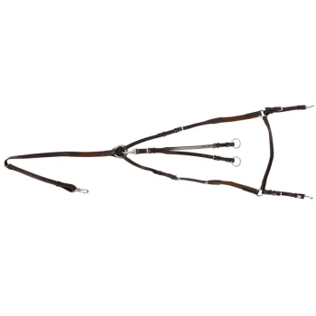 Ein braunes Lederhaustiergeschirr mit verstellbaren Riemen und Metallringen, entworfen für Komfort und Kontrolle während der Spaziergänge.