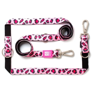 Pink-schwarzes Hundeleinen-Set mit Leopardenmuster, Metallclips und Ringen, mit "Max & Molly Urban Pets"-Etikett.