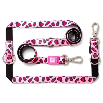 Pink-schwarzes Hundeleinen-Set mit Leopardenmuster, Metallclips und Ringen, mit "Max & Molly Urban Pets"-Etikett.