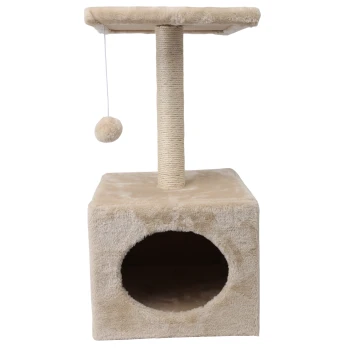 - Kratzbaum - Katzenbaum mit Katzenhaus Ein beiger Katzenbaum mit einem plüschigen Sockel, einem Kratzbaum, einer oberen Plattform und einem baumelnden Pom-Pom-Spielzeug.