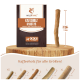 Ein "Kaffeholz Kaustab" Kaffeebaum-Kauspielzeug (XXS, 11 cm) auf Holz, mit einer Größenvergleichstabelle für XS bis XL.