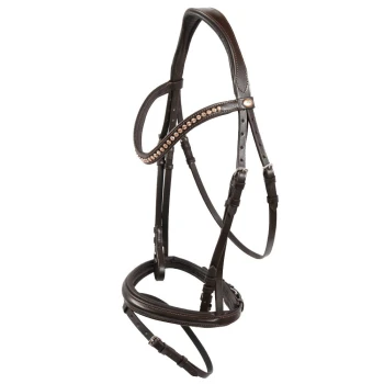 Braunes Leder-Pferdezaumzeug mit dekorativen Strasssteinen am Stirnband, vor einem weißen Hintergrund ausgestellt.