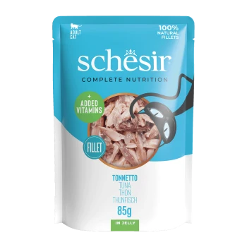 Schesir adult cat food pouch with 100% natural tuna fillets, added vitamins, 85g in jelly, blue and white packaging.