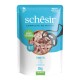 Schesir adult cat food pouch with 100% natural tuna fillets, added vitamins, 85g in jelly, blue and white packaging.