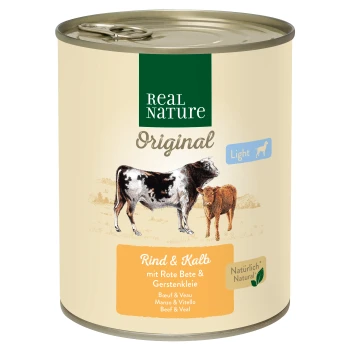 Dosenfutter für Hunde mit der Bezeichnung 'Real Nature Original Light', das Rind- und Kalbfleisch mit Rote Beete und Gerste enthält, illustriert mit einer Kuh und einem Kalb.