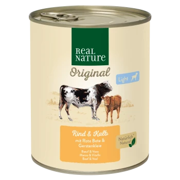 Dosenfutter für Hunde mit der Bezeichnung 'Real Nature Original Light', das Rind- und Kalbfleisch mit Rote Beete und Gerste enthält, illustriert mit einer Kuh und einem Kalb.