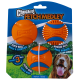 Pack de jouets pour chien Chuckit! Fetch Medley avec trois balles orange et bleues étiquetées Fetch Ball, Rugged Ball et Ultra Ball.