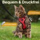 Eine getigerte Katze in einem roten Geschirr steht auf Gras, mit Text: "Bequem & Druckfrei," "freie Schulterblätter," "extra leichtes Neopren."