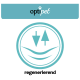 Logo von "optipet" über einem kreisförmigen Symbol mit einem nach unten zeigenden Pfeil und einem Baum, mit dem Wort "regenerierend" darunter.