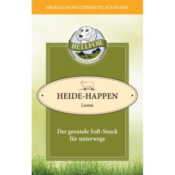 Verpackung für Bellfor-Hundeleckereien mit der Bezeichnung 'Heide-Happen' mit Lammgeschmack, mit einem Logo und dem Text 'Der gesunde Soft-Snack für unterwegs.'
