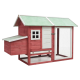 Rotes Holzhaustierhaus mit grünem Dach, mit einem kleinen Fenster, einer Tür und einem Netzgehege für Haustiere.