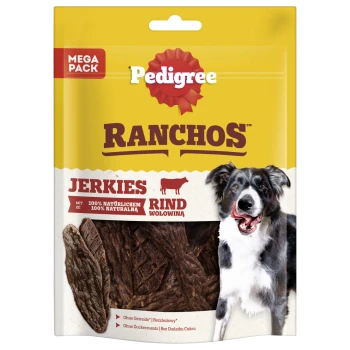 Verpackung von Pedigree Ranchos Jerky Hundeleckerlis mit einem glücklichen Hund, mit Text, der "100% natürliches Rindfleisch" und "Mega Pack" hervorhebt.