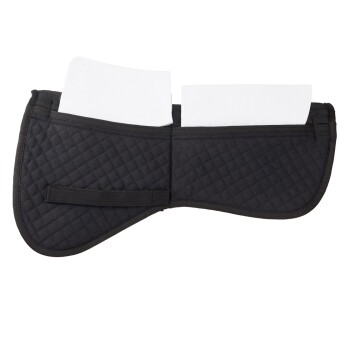 Schwarze, gesteppten Sattelunterlage mit weißen Einsätzen, entworfen für den Reitsport, mit einem sicheren Riemen zur Befestigung.