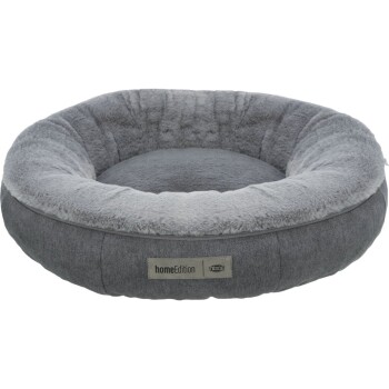 Graues rundes Haustierbett mit plüschigem Innenraum und weichem Außenstoff, gekennzeichnet mit "homeEdition" von Trixie.