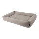 Ein rechteckiges Haustierbett mit einem weichen, beigen Stoffbezug und erhöhten Rändern für Komfort, geeignet für Hunde oder Katzen.