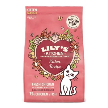 Lily's Kitchen Kitten Recipe cat food bag with a playful cat illustration and "75% Chicken & Fish" text.