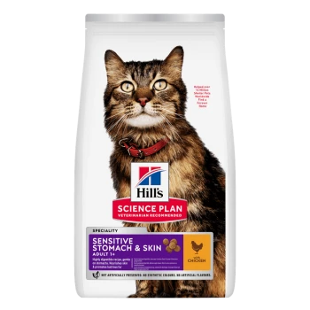 Hill's Science Plan kattenvoerzak met gestreepte kat; 'Sensitive Stomach & Skin' formule voor volwassenen, met kip.